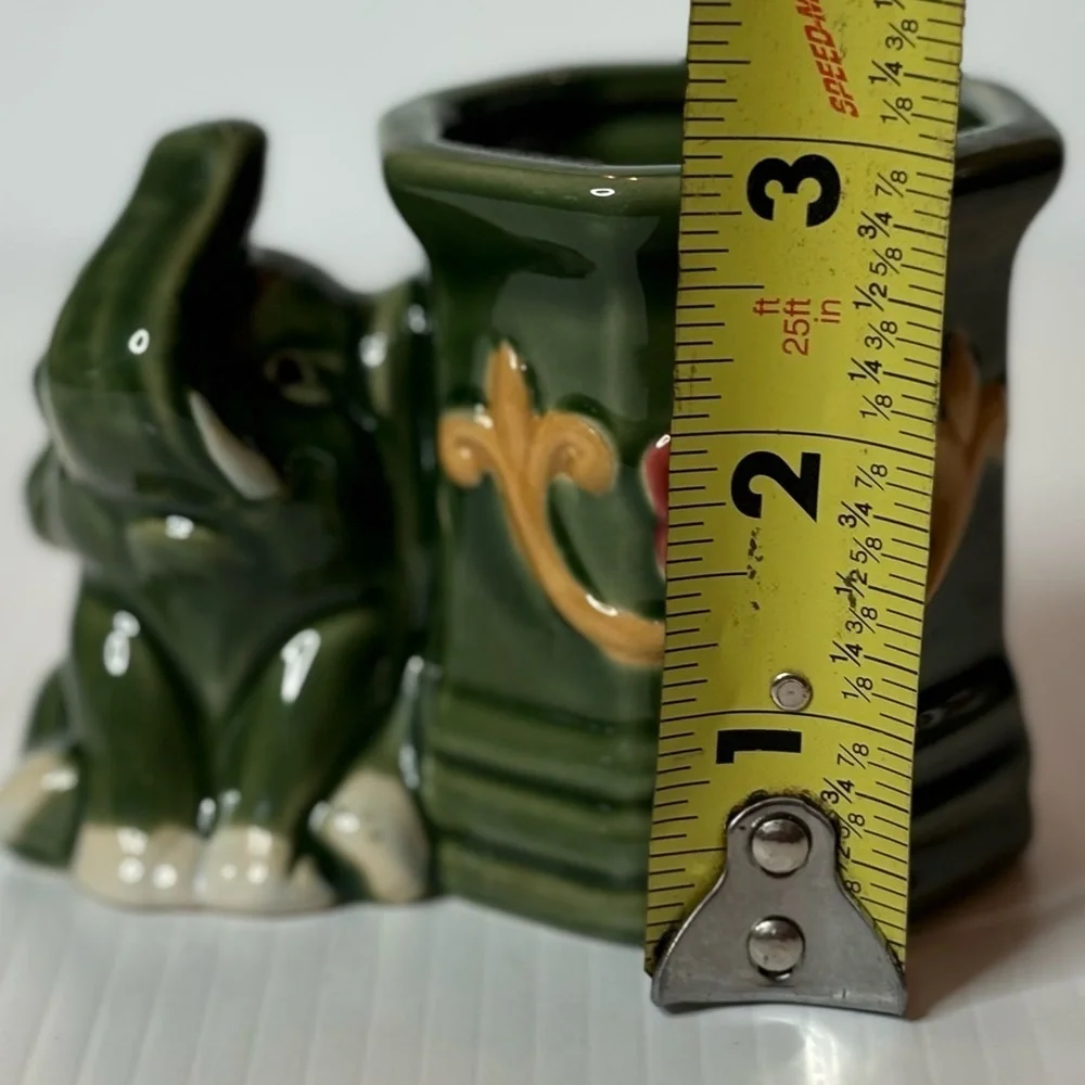 Vintage Elephant Planter Glaze Ceramic Jade Green Trunk Up-FLORAL Lucky Bamboo
